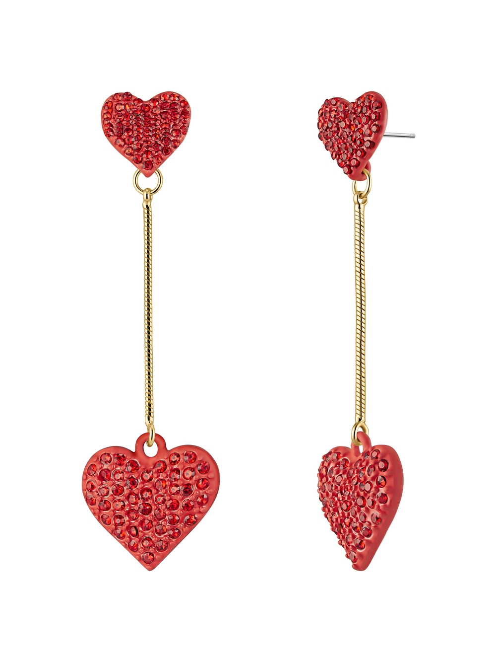 Red Heart Drop Earrings - Gold Tone